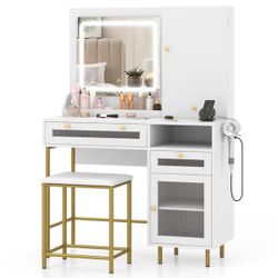 White Vanity Desk Set with Lighted Mirror and Stool