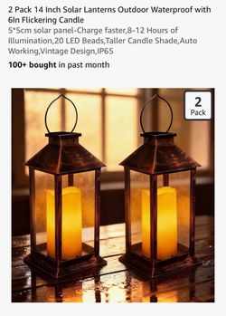 2-Pack 14-Inch Solar Outdoor Lanterns with Flickering Candle