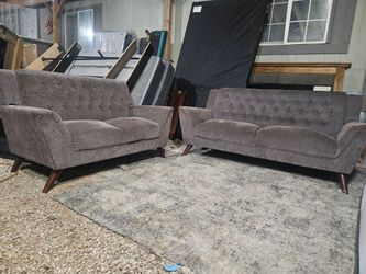 Mid-Century Modern Grey Tufted Sofa and Loveseat Set FREE DELIVERY TODAY