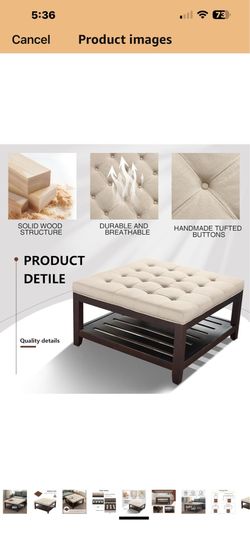 Coffee Tables for Living Room,33’’ Square Storage Ottoman with Wooden Tray, Upholstered Ottoman Footrest, Light Brown   54 $140