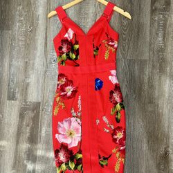 Ted Baker Floral Satin Sheath Dress V-Neck Sleeveless Strappy Red Size 0