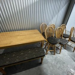 Oak Wood Dinette Dining Table Set With Custom Upholstered Cushions