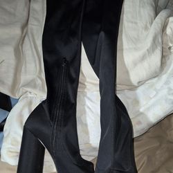 Black Stretchy Thigh High Peep Toe Boots