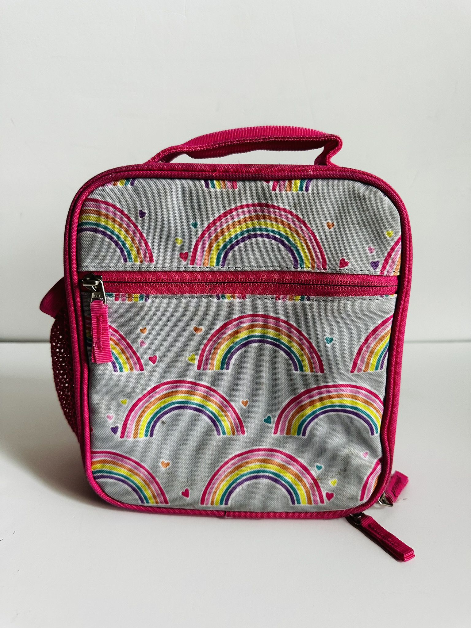 Pottery Barn Classic Lunch bag Grey Pink Rainbows Heart Kids Collection Designer