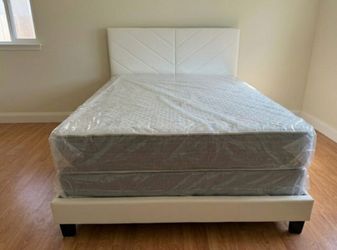 Queen Size Bed Frame White With MATTRESS And Box Spring Set New Bed Set 3pcs // CAMA Queen Size Nueva 