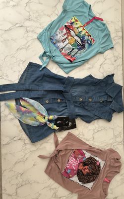 Wholesale Lot Girls 3 Pc Lot Denim Ruffle Trim Dress 2 Front Tie Bedazzled T Shirt Tops Size 3