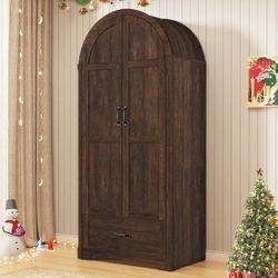 Arched Wardrobe Closet with LED Sensor Light & Hidden Mirror, Farmhouse Bedroom Armoire with Drawer, 71" Freestanding Closet with Hanging 