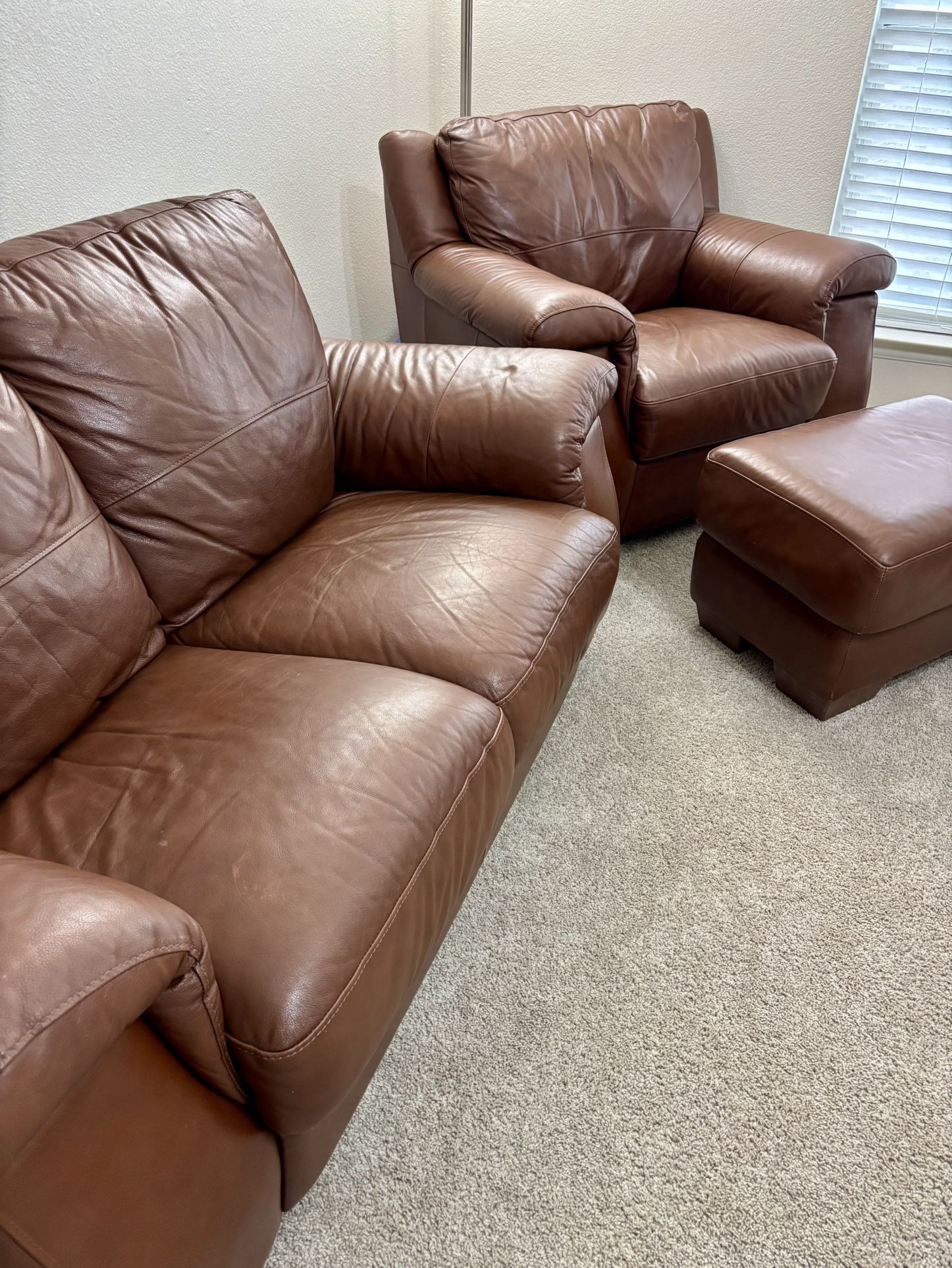 Italian Leather Loveseat and Oversized Armchair with Ottoman