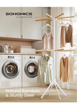 Clothes Drying Rack, Foldable Steel Airer, Bamboo Hanging Rods Space-Saving Free-Standing Laundry Rack, Indoor Use, White and Natural and Light Bamboo