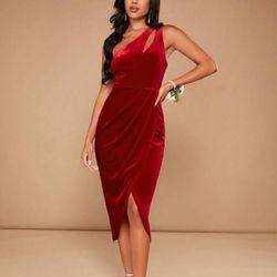 Women's Sexy One Shoulder Ruched Dress Elegant Velvet Asymmetrical Cocktail Party Midi Dress