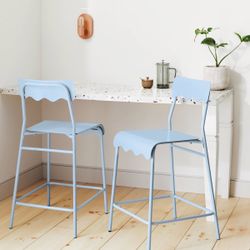 Set of 2 24" Wavy Metal Counter Height Barstool with Footrest Blue