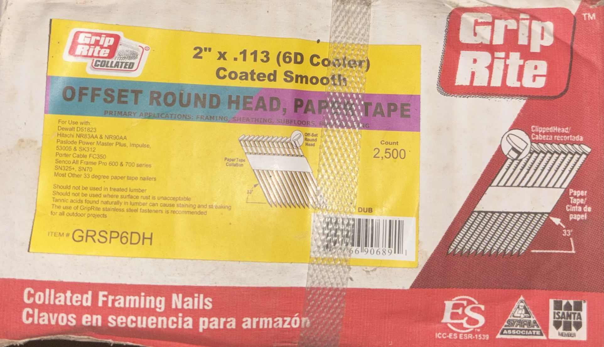 Grip Rite Clipped Head Nail 2”x.113 Bright Coated 33 Degree GRSP6D