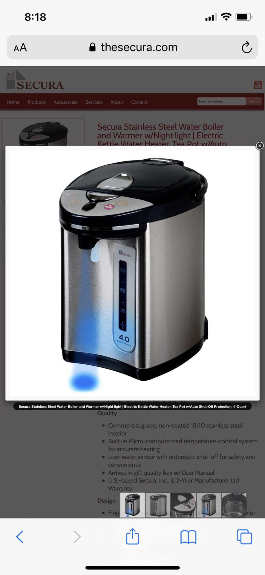New Secura Electric Water Boiler and Warmer 4-Quart Electric Hot Pot Kettle w/ Night light