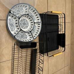 Dish Drying Racks + Divided Serving Tray with Lid — Excellent Condition