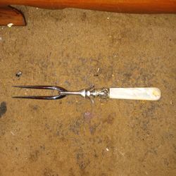 Antique Vintage Meat Folk Sterling Silver With White Marble Handle 