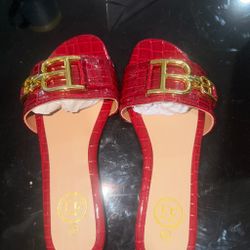 Red Croc-Embossed Slide Sandals with Gold Hardware