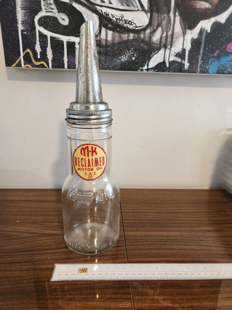 Vintage Shields, Harper & Co. Gas Station Motor Oil Glass Container w/ Metal Cone Spout