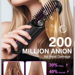 Cordless Hair Straightener Brush with 200 Million Anion, Portable Comb for Travel with LCD Display, 2 Clips - Black