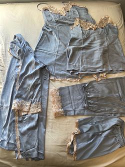 Blue Satin Lace Trim Pajama Set