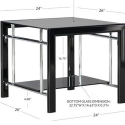 NEW Powell Saroyan Modern End Table, Black Tempered Glass and Chrome Metal