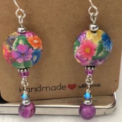 ARTISAN CLAY GEMSTONE EARRING - 925 STERLING SILVER DANGLE FLOWER LENTIL BEADS