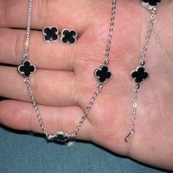 Solid 925 Sterling Silver Van Cleef Clover Set Necklace Bracelet Earrings Beautiful Brand New Colors