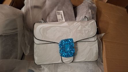 White Marble Crossbody Bag with Blue Jewel Clasp