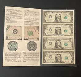 Uncut sheet US $1 dollar bills