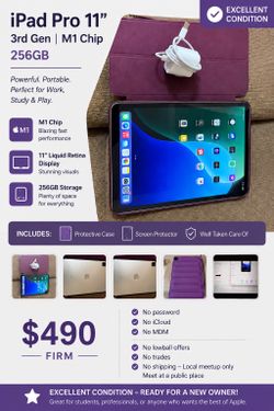 iPad Pro 11”, 3rd Gen, M1 chip, 256gb,Excellent , Case