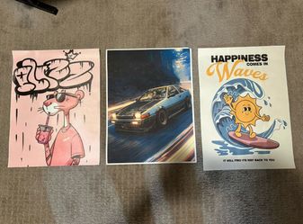 Cool Canvas Art Posters (Pink Panther, AE 86 car, Sun happy)