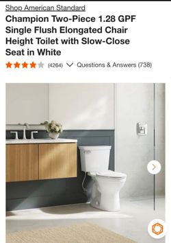 American Standard
Champion Two -iiece 1.28 GPF Single Flush Elongated Chair Height Toilet with Slow-Close Seat in White