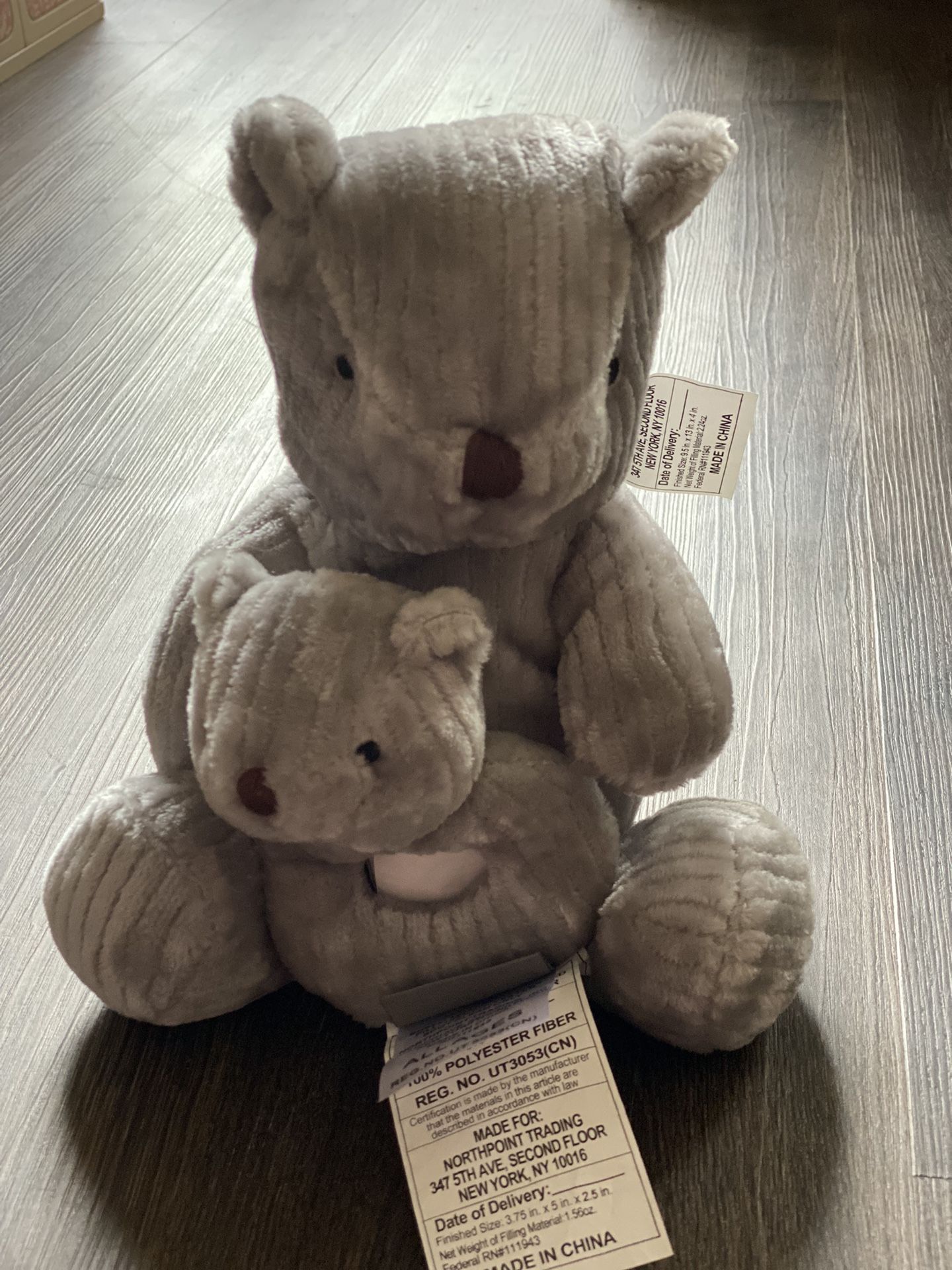 Petit Monde 12" Gray Teddy Bear and 5" Baby Toy Ribbed Corduroy Soft Set Plush