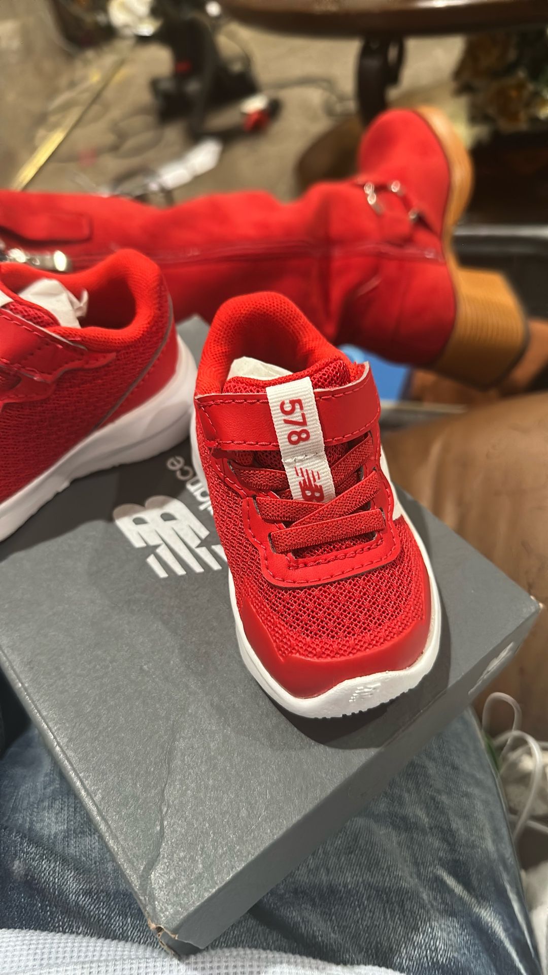 New Balance Toddlers' 578v1 Bungee Lace with Top Strap in True Red/White