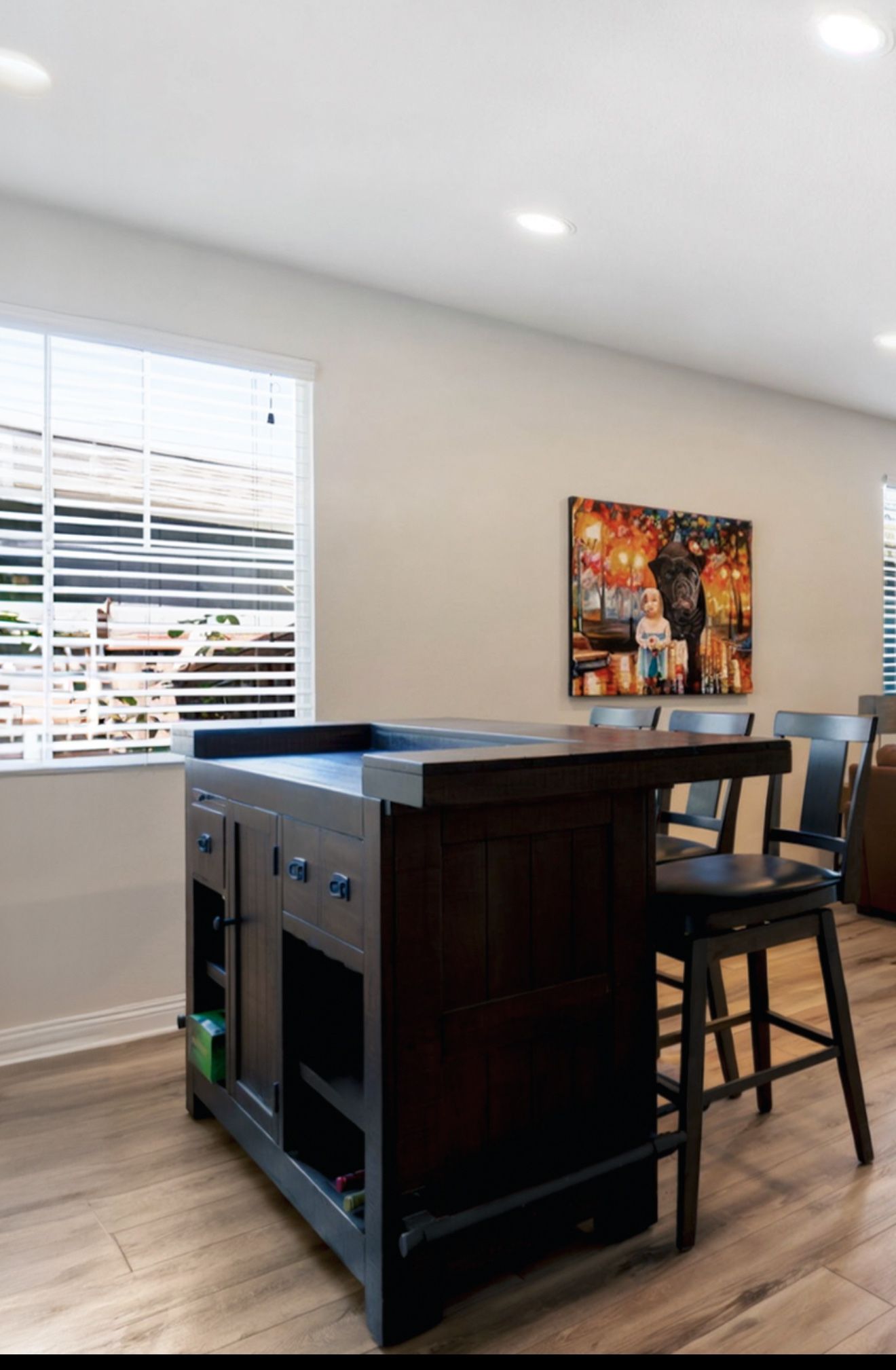 Dark Wood Dry Bar With Stools