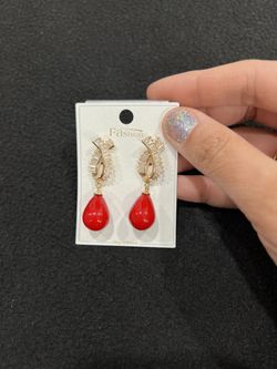 Elegant Gold And Red Drop Earrings