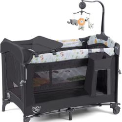 in 1 Pink Pack and Play, Baby Bedside Sleeper with Bassinet, 3 Adjustable Heights, Music Box, Easy to Install, Foldable Bedside Crib w/Changing Table,