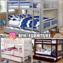 Full/Full/Twin Gray Wooden Bunkbed w. Ortho Mattresses Included 