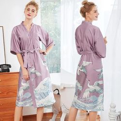 Women Satin Purple Cranes Print Belted V-Neck Kimono Dressing Nightgown Bathrobe