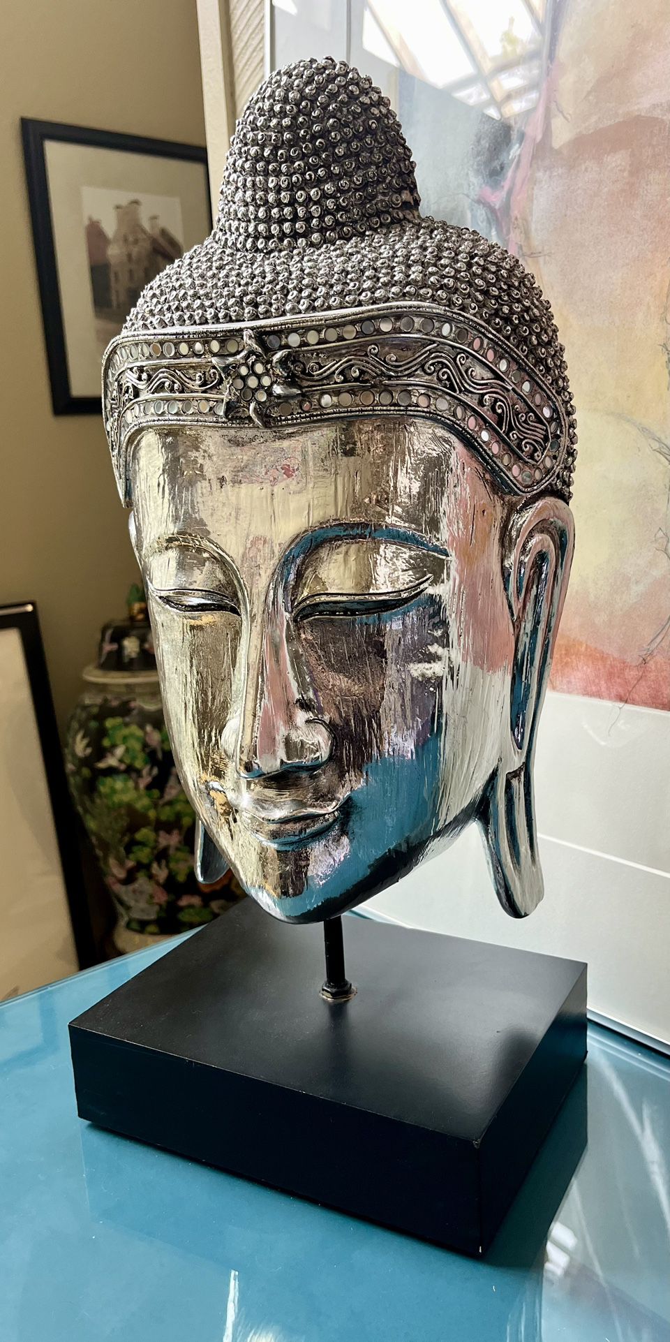 Stunning Silver, Flake, And Mirrored Buddha Head