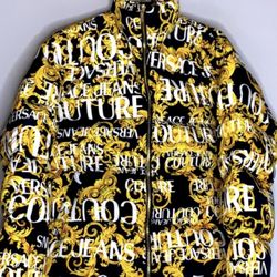 NWT Versace Jeans Couture Puffer Down Jacket Black Brocade Print