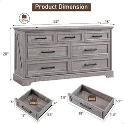   7 Drawer Dresser, Farmhouse Chest of Drawers for Bedroom, 52" Wide Dresser TV Stand with Large Metal Handles, Wood Drawer Organizer for Liv