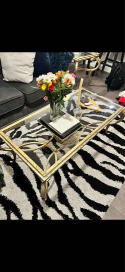 Vintage Gold Glass Coffee Table + Matching Side Table Set