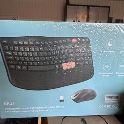New Wireless Keyboard & Mouse Combo, 2.4G Wave Keys Ergonomic Keyboard w/Palm Rest & 3 DPI Silent Mouse, Compact Size for Natural Typing, Spill-Resist