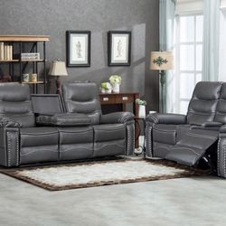 Power Recliner Sofa And Loveseat In Grey Leather Aire
