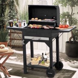 MASTER COOK Charcoal Grill with Two Side Tables, Heavy-duty Steel Barbecue BBQ Grill 