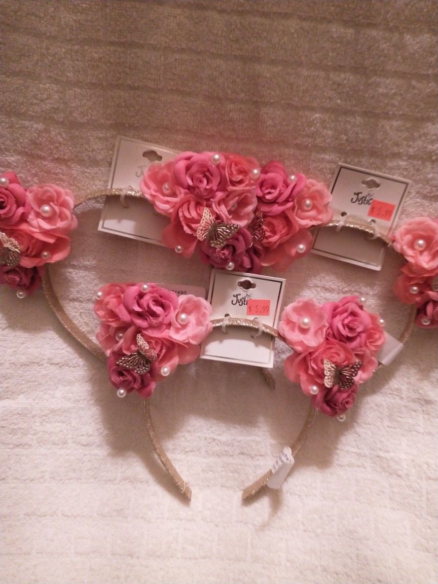 3$ Each πππ JUSTICE Beautifully decorated Headband. Hot Pink Flowers With Pearls. Gold Toned Glitter Headband