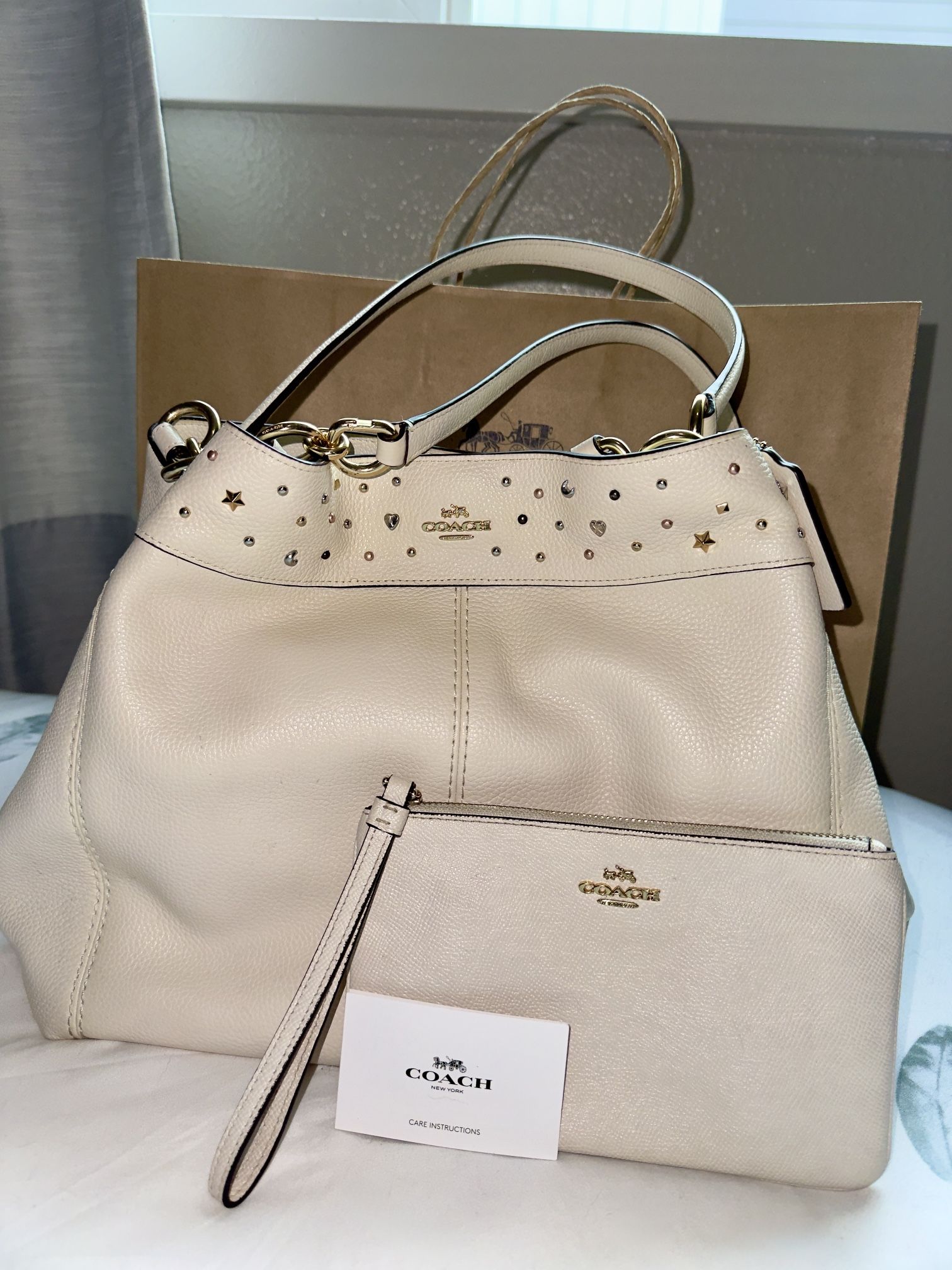 Coach Lexy Stardust Studded Chalk Leather Hobo Shoulder Bag And A Wristlet
