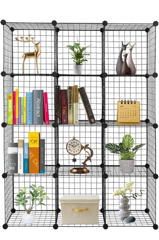 Wire Cube Storage, Metal Grids Shelves Bookshelf, Stackable Modular Shelving Organizer, DIY Closet Bookcase Bookshelf, 12-Cube Grid Storage Shelf for
