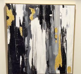 Abstract Canvas Painting Black White Gold