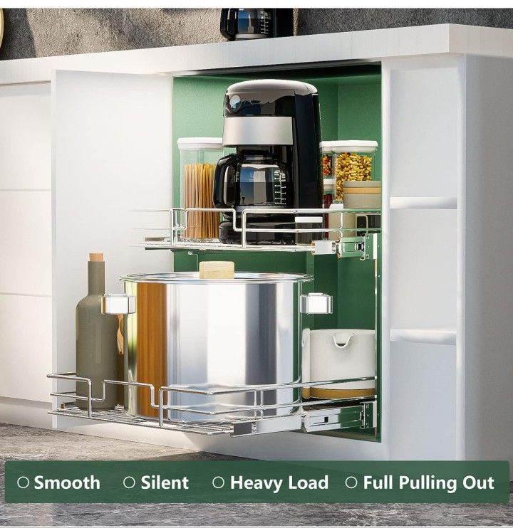2 Tier Individual Pull Out Cabinet Organizer 11"W x 21"D, Slide Out Kitchen Cabinet Storage Sliding Shelves